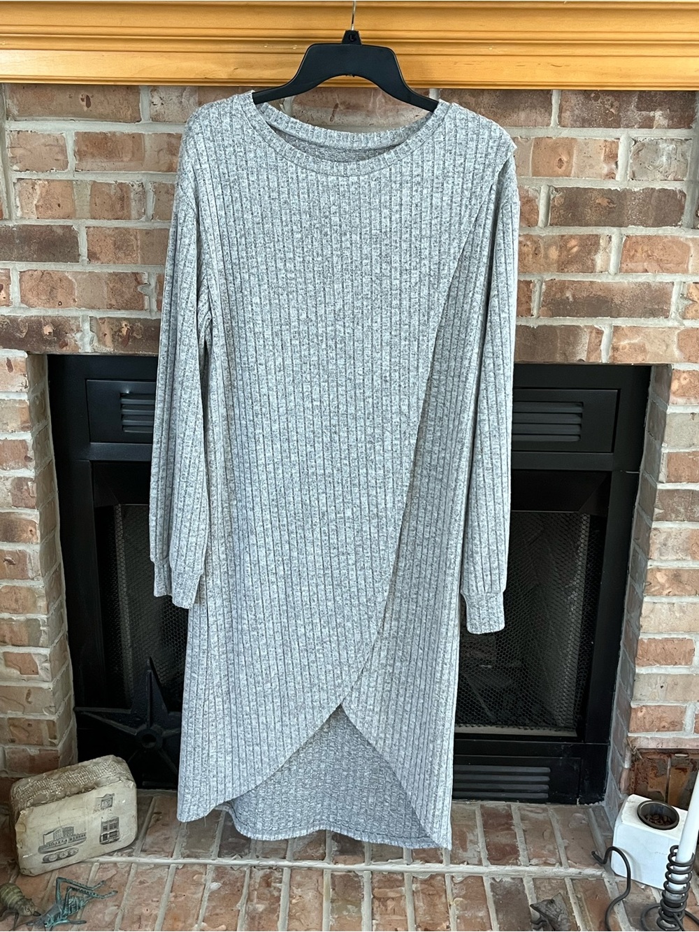 Cozy Knit Gray Long Sleeve Wrap-Front Dress